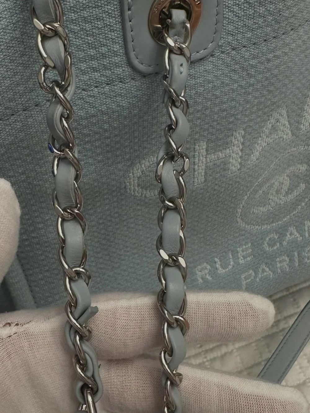 CHANEL Light Blue Canvas Tote with Chain-Strap Details